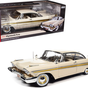 1957 Plymouth Fury Sand Dune White with Gold Accents 1/18 Diecast Model Car by Auto World by Diecast Mania