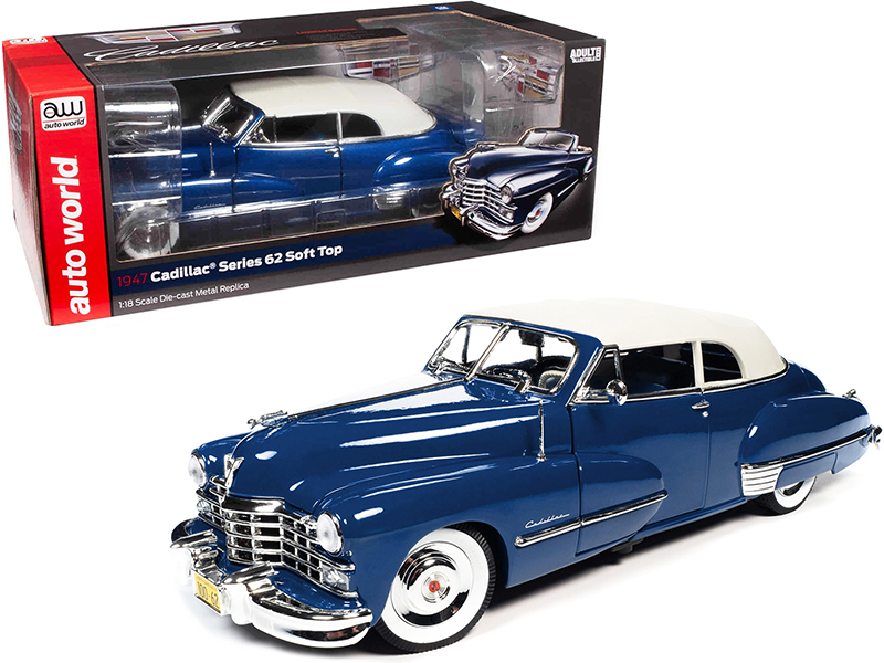 1947 Cadillac Series 62 Soft Top Beldon Blue Metallic with Beige Top 1/18 Diecast Model Car by Autoworld Automotive