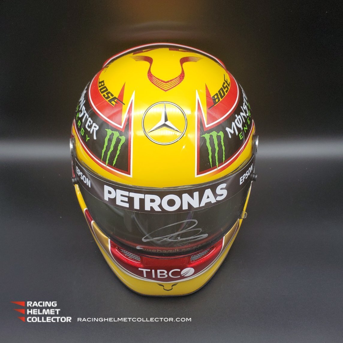 Lewis Hamilton Signed Helmet Race Issued Visor 2017 Mercedes Yellow Autographed Display Tribute Full Scale 1:1 Lewis Hamilton Signed Helmet Race Issued Visor 2017 Mercedes Yellow Autographed Display Tribute Full Scale 1:1