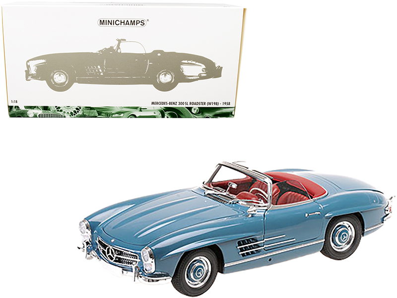 1958 Mercedes Benz 300 SL (W198) Roadster Blue with Red Interior 1/18 Diecast Model Car by Minichamps Automotive