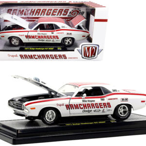 1971 Dodge Challenger R/T HEMI "Ramchargers" Bright White Pearl with Red Stripes and Graphics Limited Edition to 7000 pieces Worldwide 1/24 Diecast Model Car by M2 Machines Sports Car Racing Collectibles by Diecast Mania