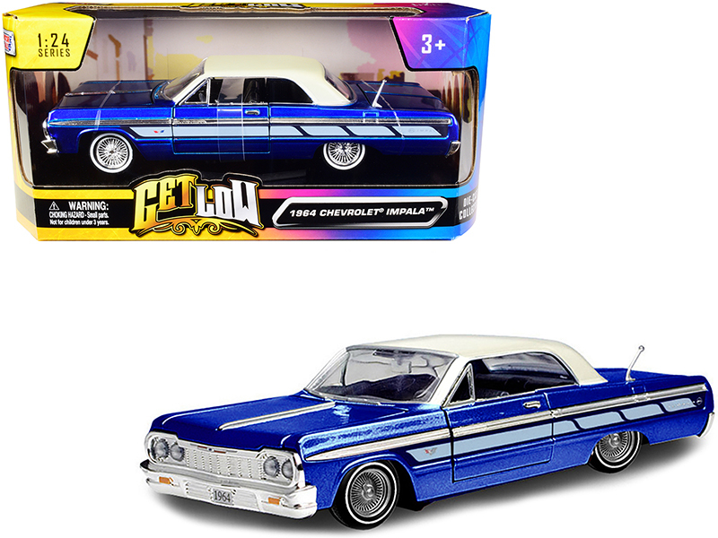 1964 Chevrolet Impala Lowrider Hard Top Candy Blue Metallic with Cream Top "Get Low" Series 1/24 Diecast Model Car by Motormax Automotive