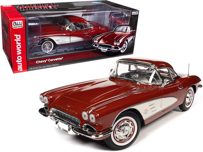 1961 Chevrolet Corvette Honduras Maroon Metallic with White Coves and Gold Interior 1/18 Diecast Model Car by Auto World Automotive