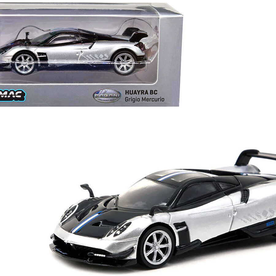 Pagani Huayra BC Grigio Mercurio Silver Metallic and Black with Stripes "Global64" Series 1/64 Diecast Model Car by Tarmac Works Automotive