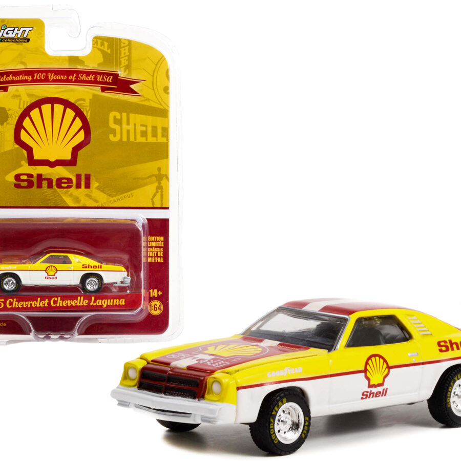 1975 Chevrolet Chevelle Laguna Yellow and White with Red Stripes "Shell Oil 100th Anniversary" "Anniversary Collection" Series 14 1/64 Diecast Model Car by Greenlight Automotive
