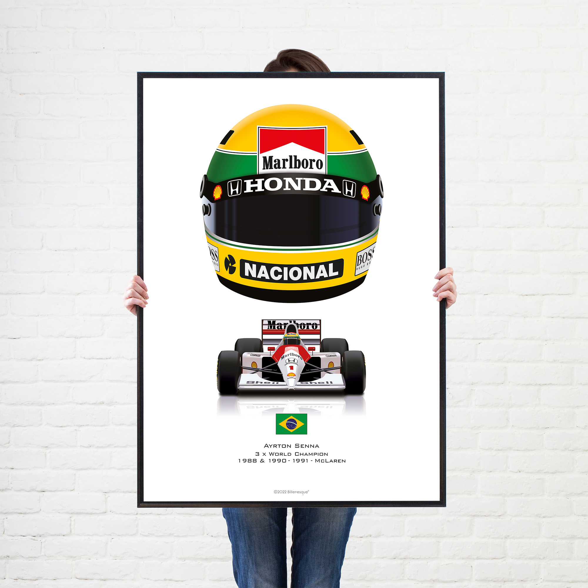 Ayrton Senna's iconic racing helmet and driving his McLaren