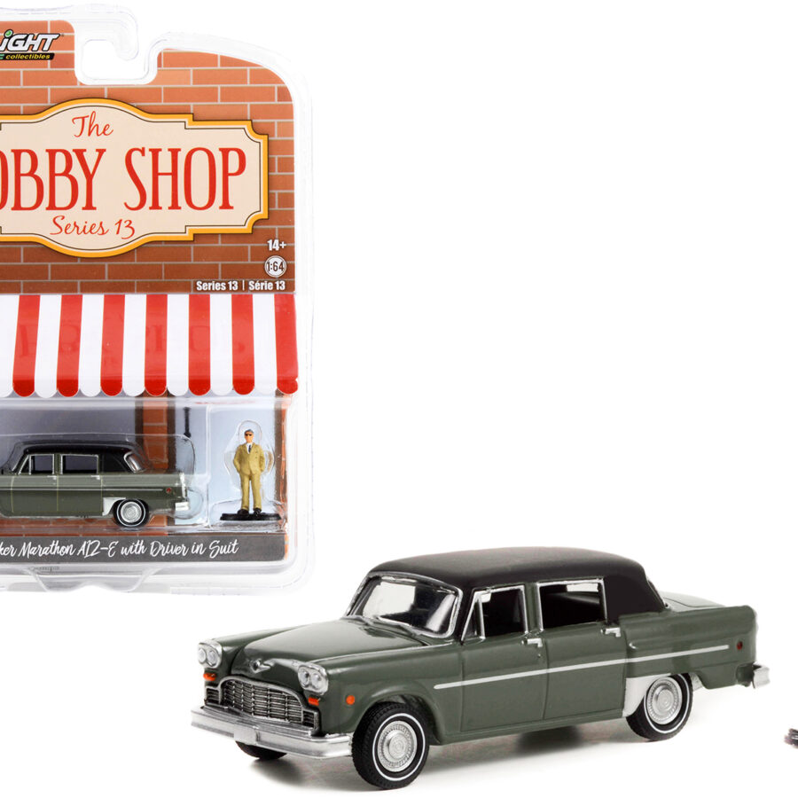 1982 Checker Marathon A12-E Gray with Black Top and Driver in Suit Figure "The Hobby Shop" Series 13 1/64 Diecast Model Car by Greenlight Automotive