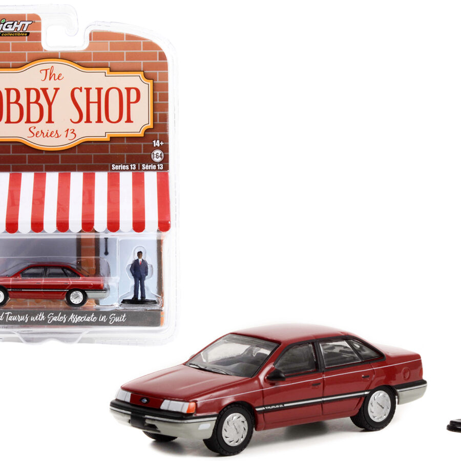 1989 Ford Taurus Red with Black Stripes and Sales Associate in Suit Figure "The Hobby Shop" Series 13 1/64 Diecast Model Car by Greenlight Automotive