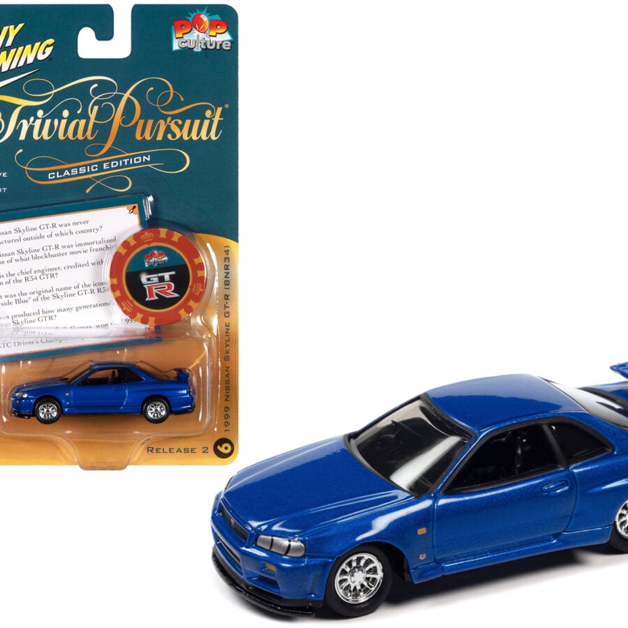 1999 Nissan Skyline GT-R RHD (Right Hand Drive) Blue Metallic with Poker Chip Collector's Token and Game Card "Trivial Pursuit" "Pop Culture" 2022 Release 2 1/64 Diecast Model Car by Johnny Lightning Automotive