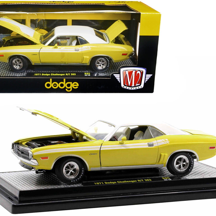 1971 Dodge Challenger R/T 383 Banana Yellow with White Stripes and Vinyl White Top Limited Edition to 6550 pieces Worldwide 1/24 Diecast Model Car by M2 Machines Automotive