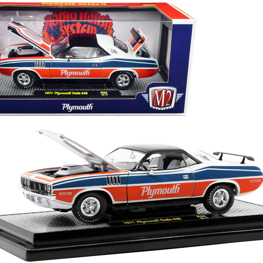 1971 Plymouth Barracuda 440 Pearl White with Blue and Red Stripes and Black Top Limited Edition to 6550 pieces Worldwide 1/24 Diecast Model Car by M2 Machines Automotive