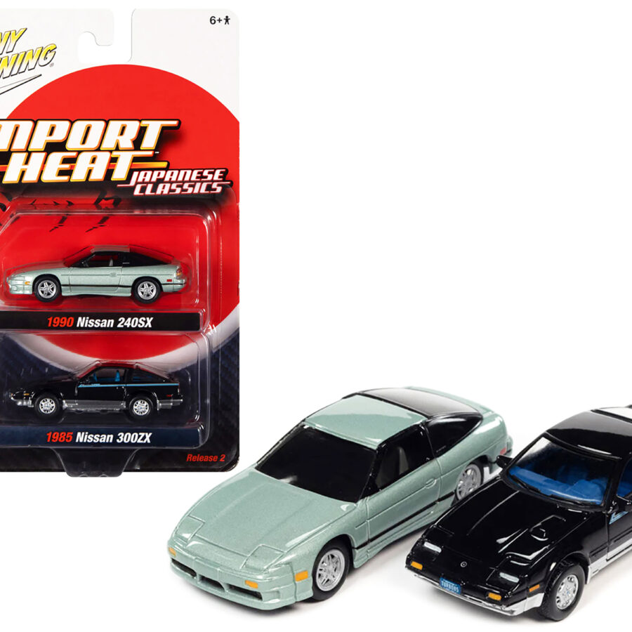 1985 Nissan 300ZX Black with Silver Trim and Blue Stripes and 1990 Nissan 240SX Silver Green Pearl with Black Stripes "Import Heat" Series Set of 2 Cars 1/64 Diecast Model Cars by Johnny Lightning Automotive