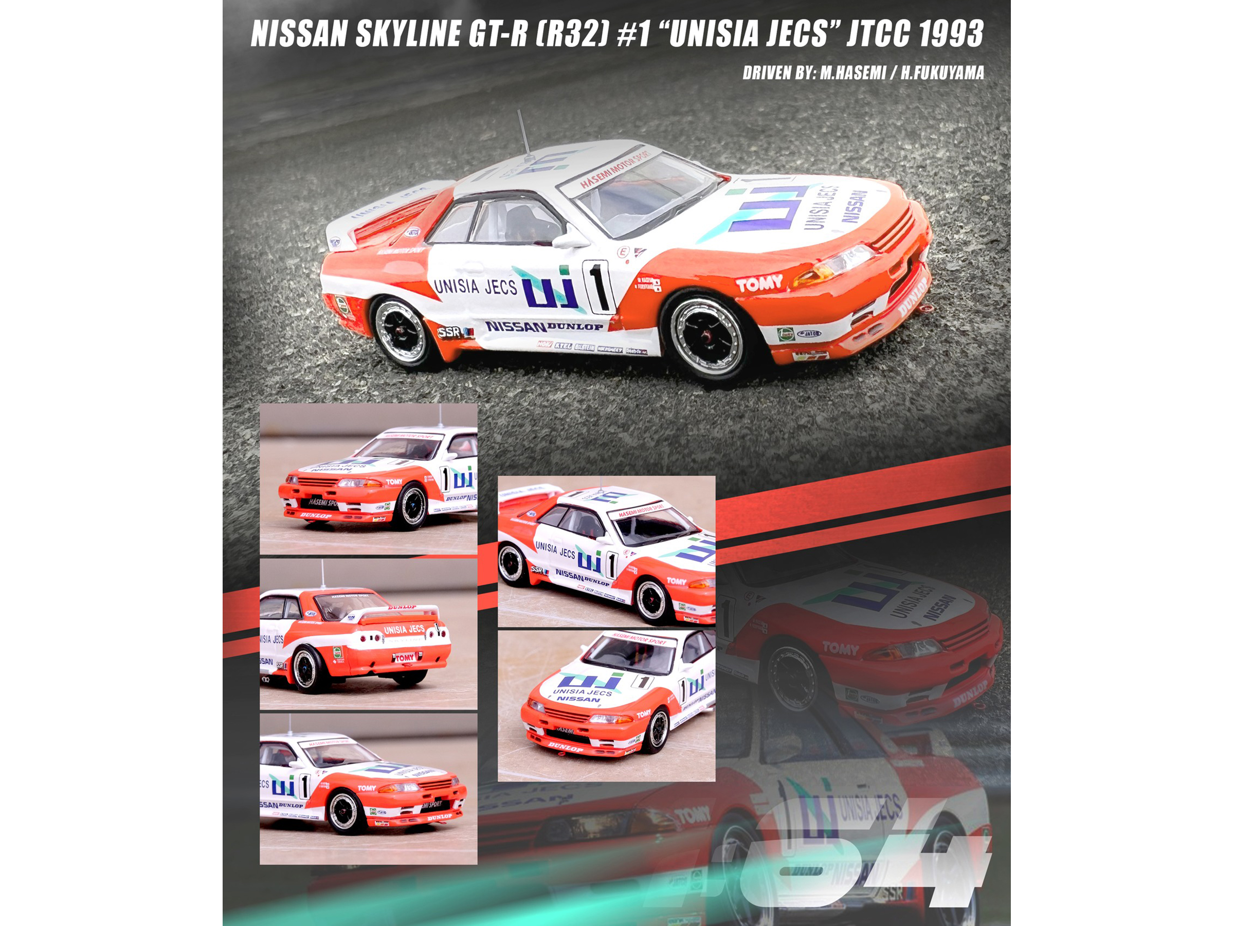 Nissan Skyline GT-R (R32) RHD (Right Hand Drive) #1 Masahiro Hasemi - Hideo Fukuyama "Unisia JECS" JTC (Japanese Touring Car Championship) (1993) 1/64 Diecast Model Car by Inno Models