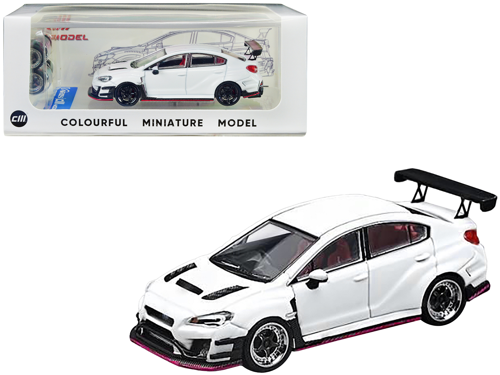 Subaru VAB WRX STI with S4 Wide Body Kit RHD Right Hand Drive White with Extra Wheels 1 64 Diecast Model Car by CM Models GPBox