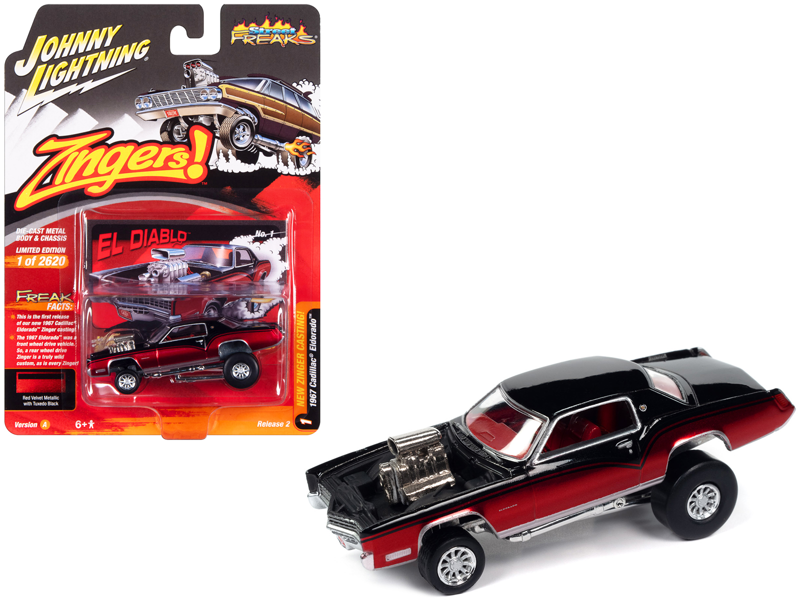 1967 Cadillac Eldorado El Diablo Tuxedo Black and Red Velvet Metallic Zingers Limited Edition to 2620 pieces Worldwide Street Freaks Series 1 64 Diecast Model Car by Johnny Lightning GPBox