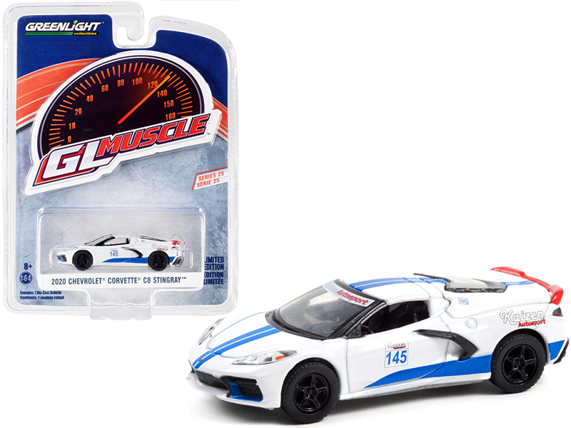 2020 Chevrolet Corvette C8 Stingray #145 White with Blue Stripes "Greenlight Muscle" Series 25 1/64 Diecast Model Car by Greenlight Automotive