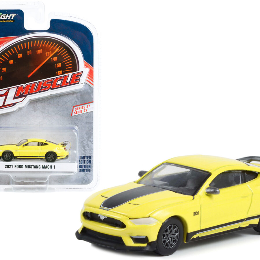 2021 Ford Mustang Mach 1 Grabber Yellow with Black Stripes "Greenlight Muscle" Series 27 1/64 Diecast Model Car by Greenlight Automotive