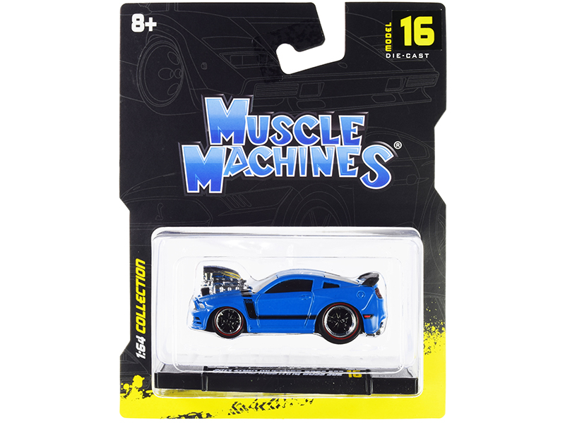 2013 Ford Mustang Boss 302 Light Blue with Black Stripes 1/64 Diecast Model Car by Muscle Machines Automotive