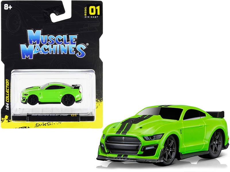 2020 Ford Mustang Shelby GT500 Bright Green with Black Stripes 1/64 Diecast Model Car by Muscle Machines Automotive