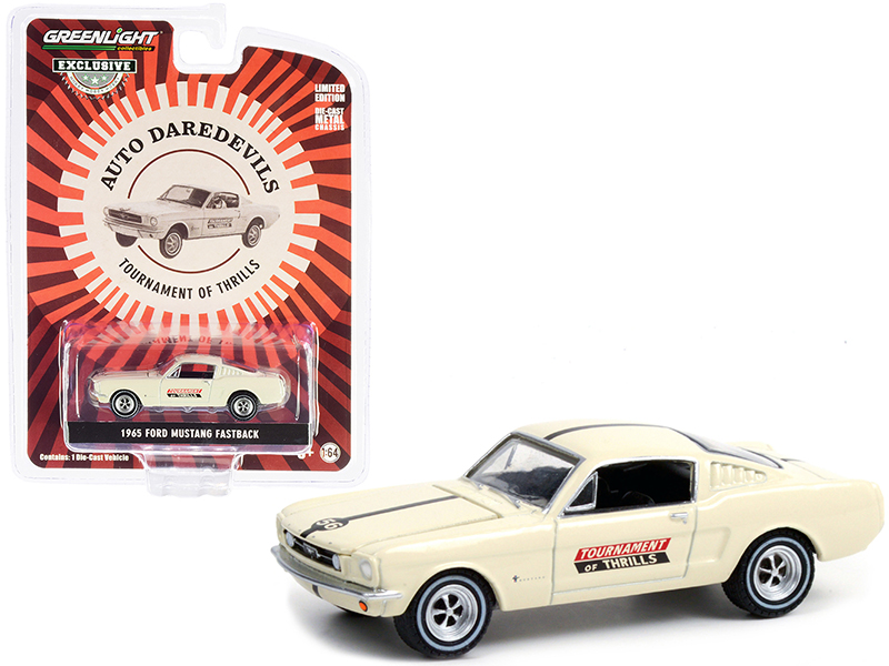 1965 Ford Mustang Fastback #56 Cream Auto Daredevils "Tournament Of Thrills" "Hobby Exclusive" 1/64 Diecast Model Car by Greenlight Automotive