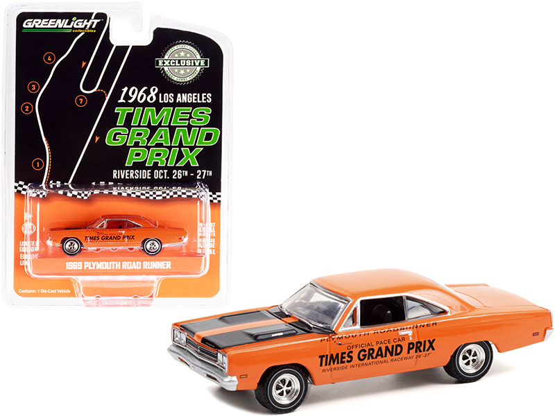 1969 Plymouth Road Runner Orange with Black Stripes Official Pace Car "1968 Los Angeles Times Grand Prix" at Riverside International Raceway "Hobby Exclusive" 1/64 Diecast Model Car by Greenlight Automotive