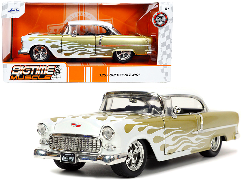 1955 Chevrolet Bel Air White and Gold with Flames "Bigtime Muscle" Series 1/24 Diecast Model Car by Jada Automotive
