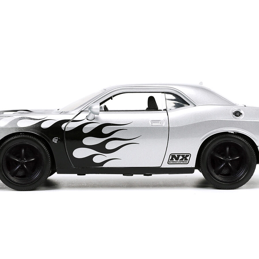 2015 Dodge Challenger SRT Hellcat Silver Metallic with Flames "Nitrous Express" "Bigtime Muscle" Series 1/24 Diecast Model Car by Jada Automotive