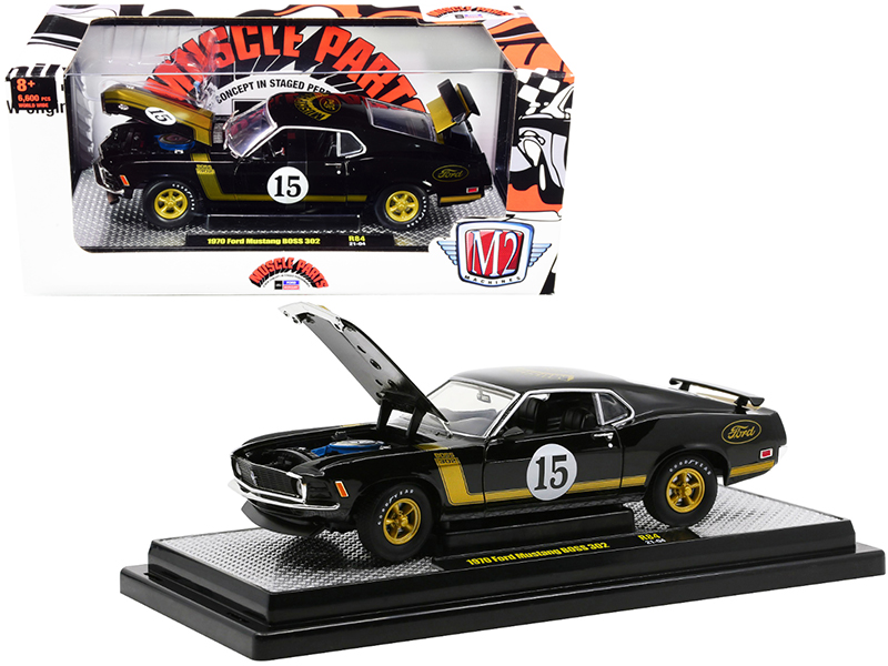 1970 Ford Mustang BOSS 302 #15 "Muscle Parts" Black with Gold Stripes Limited Edition to 6600 pieces Worldwide 1/24 Diecast Model Car by M2 Machines Automotive
