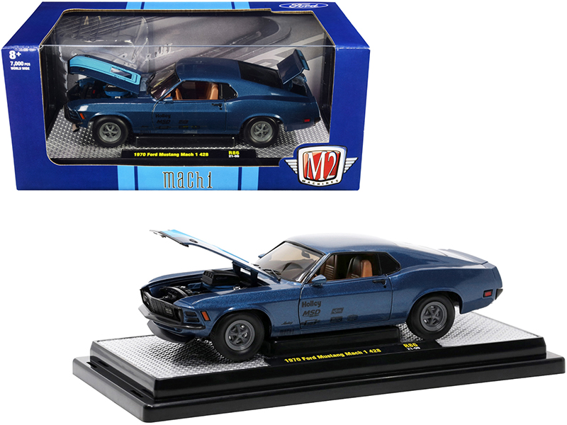 1970 Ford Mustang Mach 1 428 Dark Blue Metallic with Bright Blue Stripes Limited Edition to 7000 pieces Worldwide 1/24 Diecast Model Car by M2 Machines Automotive