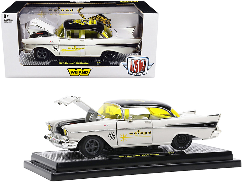 1957 Chevrolet 210 Hardtop "Weiand" Colonial Cream and Black with Graphics Limited Edition to 7000 pieces Worldwide 1/24 Diecast Model Car by M2 Machines Automotive