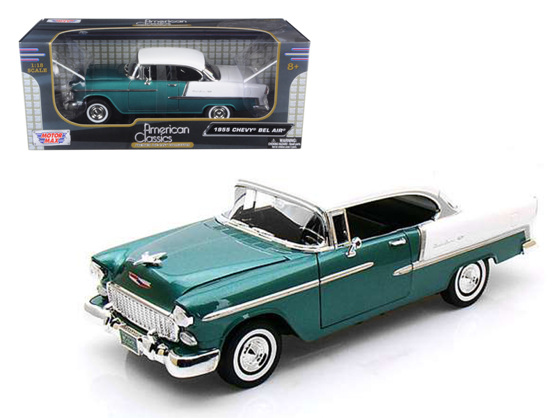 1955 Chevrolet Bel Air Hard Top Green Metallic and White 1/18 Diecast Model Car by Motormax Automotive