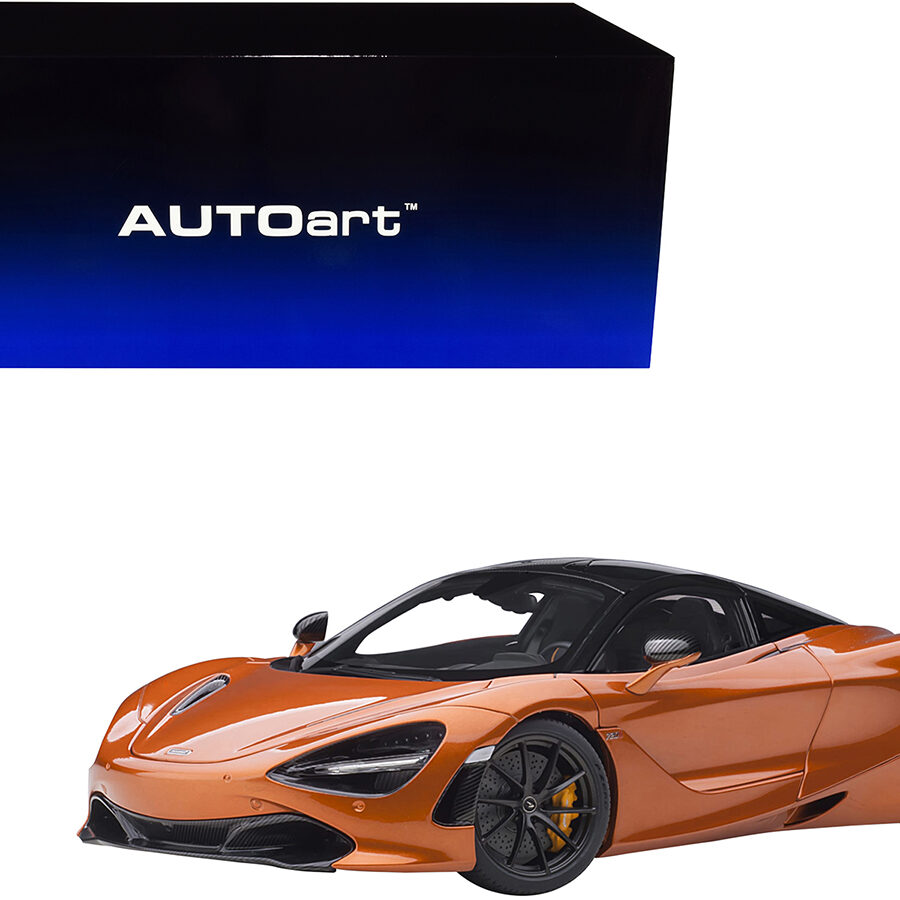 McLaren 720S Azores Orange Metallic with Black Top and Carbon Accents 1/18 Model Car by Autoart Automotive