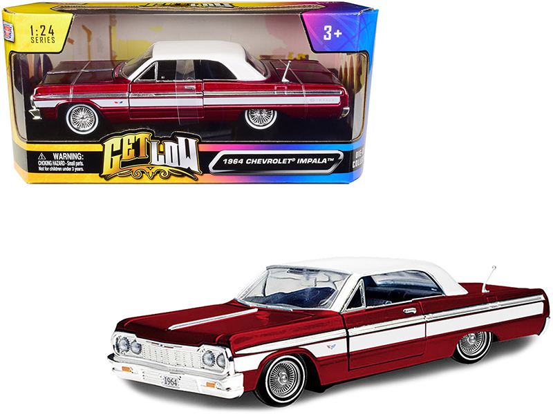 1964 Chevrolet Impala Lowrider Hard Top Candy Red Metallic with White Top "Get Low" Series 1/24 Diecast Model Car by Motormax Automotive