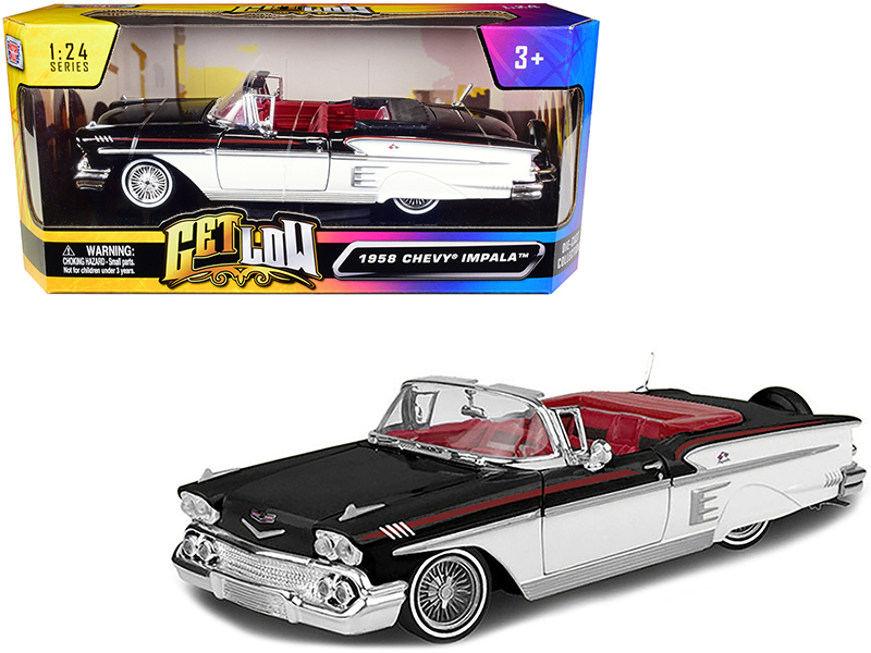 1958 Chevrolet Impala Convertible Lowrider Black and White with Red Interior "Get Low" Series 1/24 Diecast Model Car by Motormax Automotive