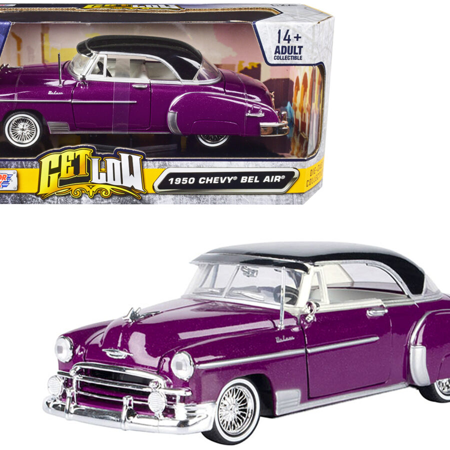 1950 Chevrolet Bel Air Lowrider Purple Metallic with Black Top and White Interior "Get Low" Series 1/24 Diecast Model Car by Motormax Automotive