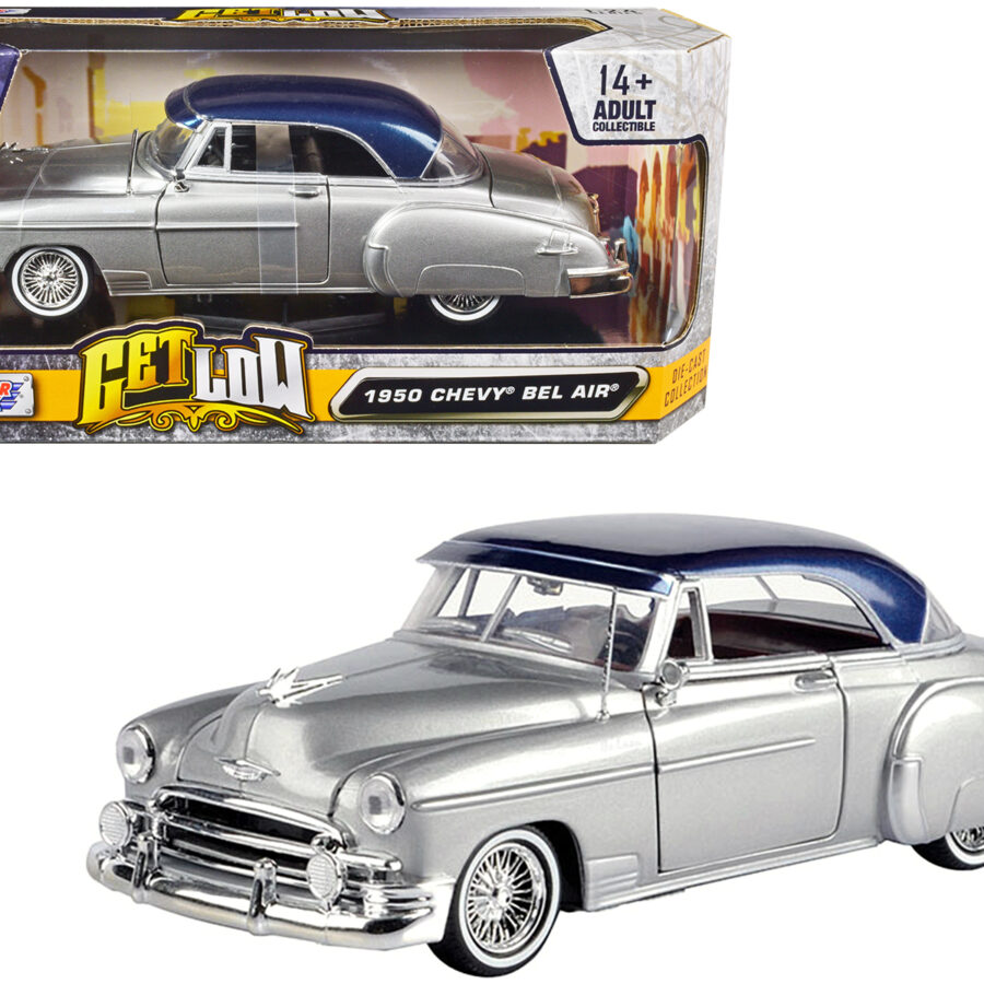 1950 Chevrolet Bel Air Lowrider Silver Metallic with Blue Metallic Top "Get Low" Series 1/24 Diecast Model Car by Motormax Automotive