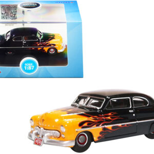 1949 Mercury Coupe "Hot Rod" Black and Yellow with Flames 1/87 (HO) Scale Diecast Model Car by Oxford Diecast Ford by Diecast Mania