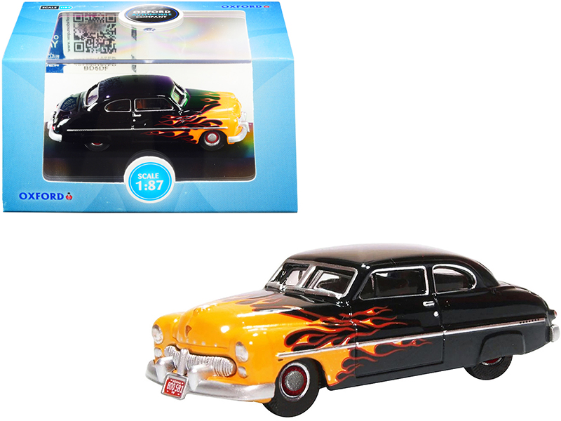 1949 Mercury Coupe "Hot Rod" Black and Yellow with Flames 1/87 (HO) Scale Diecast Model Car by Oxford Diecast Automotive