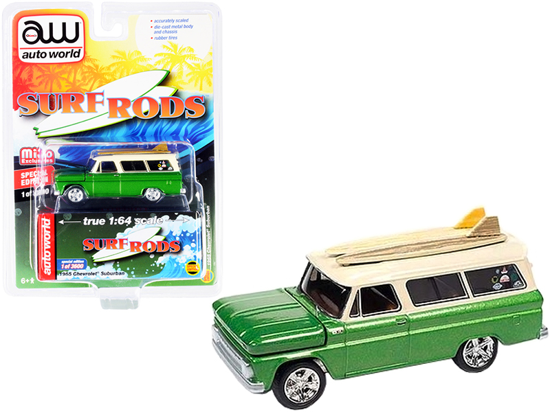 1965 Chevrolet Suburban Green Metallic and Cream with Two Surfboards "Surf Rods" Limited Edition to 3600 pieces Worldwide 1/64 Diecast Model Car by Auto World Automotive