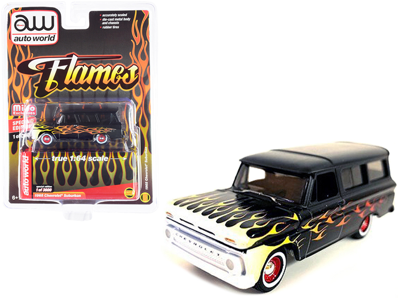 1965 Chevrolet Suburban Custom Matt Black with Flames Limited Edition to 3600 pieces Worldwide 1/64 Diecast Model Car by Auto World Automotive