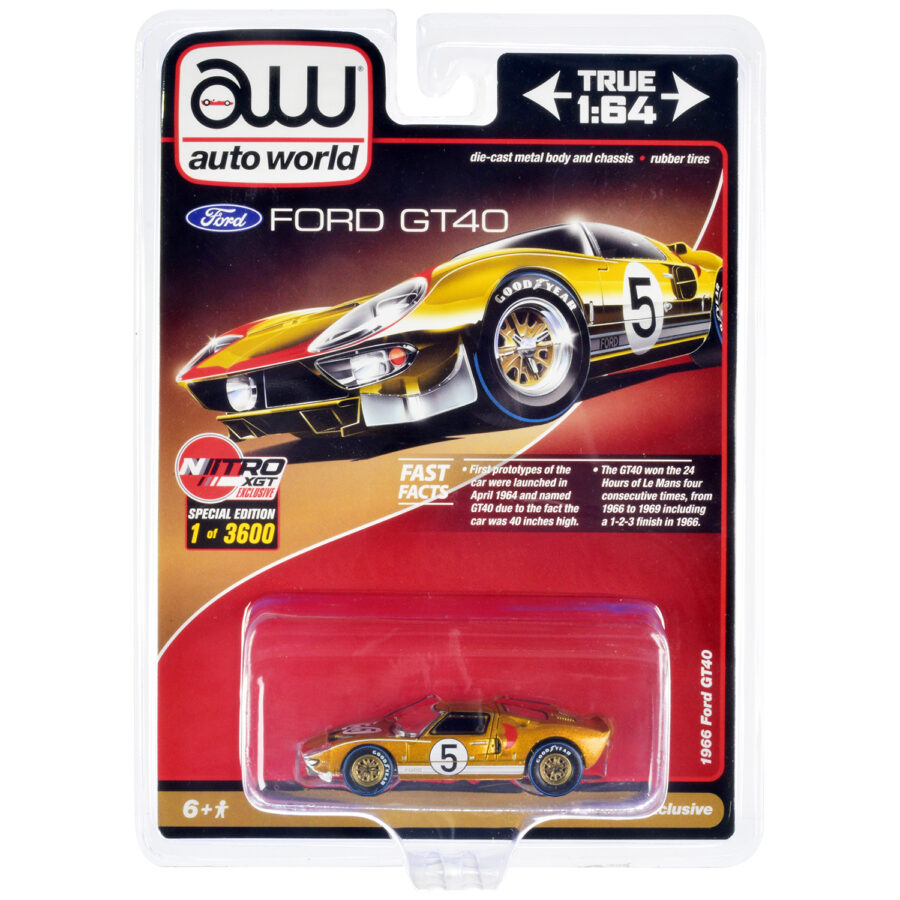 1966 Ford GT40 RHD (Right Hand Drive) #5 Gold with Graphics Limited Edition to 3600 pieces Worldwide 1/64 Diecast Model Car by Auto World Automotive