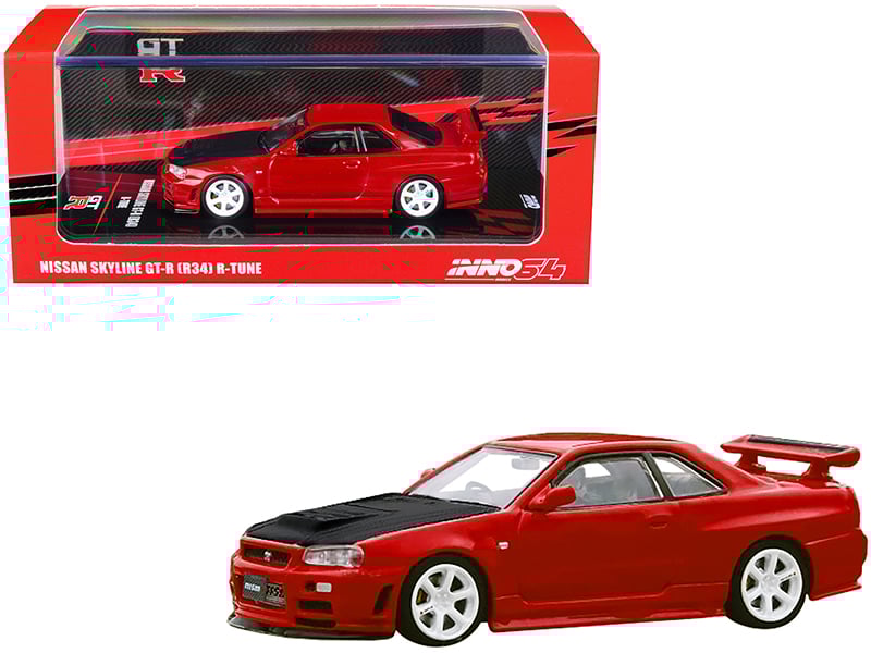 Nissan Skyline GT-R (R34) R-Tune RHD (Right Hand Drive) Active Red with Carbon Hood with Extra Wheels 1/64 Diecast Model Car by Inno Models Automotive