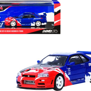 Nissan Skyline GT-R (R34) Nismo R-Tune Concept RHD (Right Hand Drive) Blue Metallic with Carbon Hood with Red and White Graphics "Tokyo Auto Salon 2000" 1/64 Diecast Model Car by Inno Models by Diecast Mania
