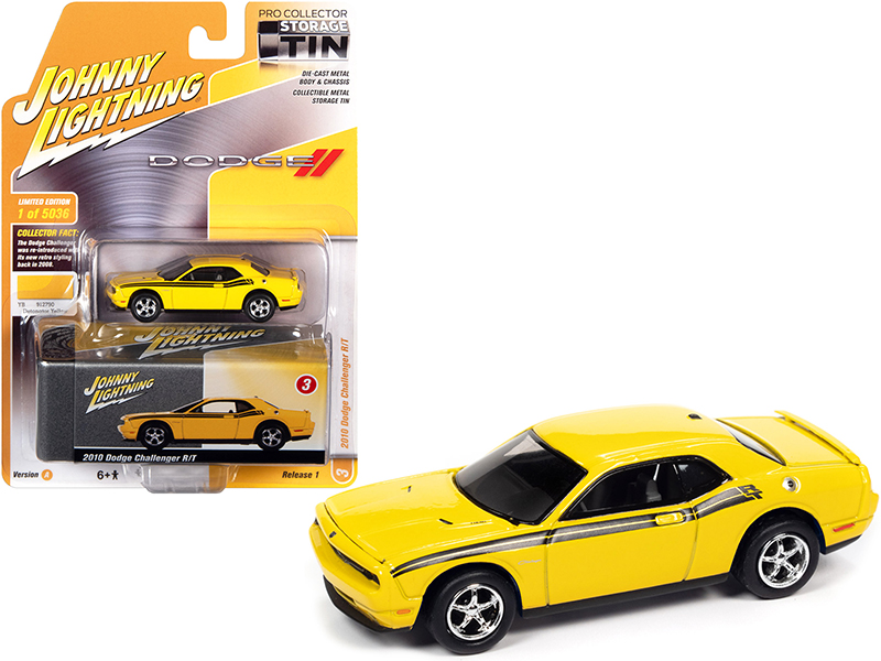 2010 Dodge Challenger R/T Detonator Yellow with Black Stripes and Collector Tin Limited Edition to 5036 pieces Worldwide 1/64 Diecast Model Car by Johnny Lightning Automotive