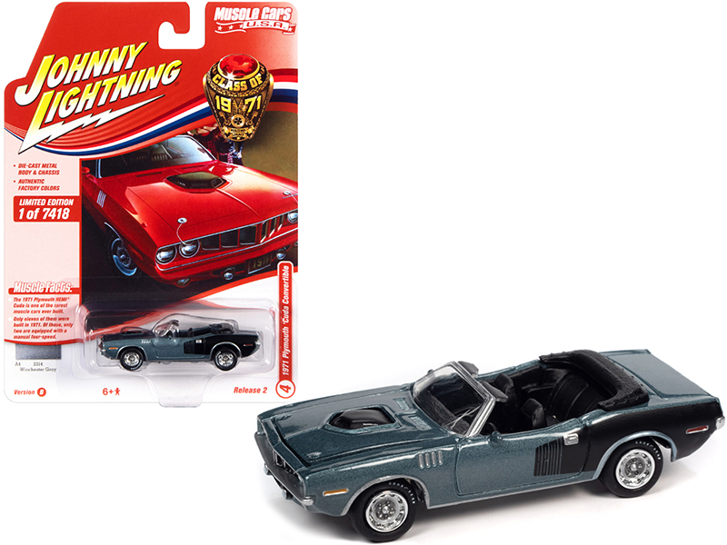 1971 Plymouth Barracuda Convertible Winchester Gray Metallic with Black Hemi Side Billboards "Class of 1971" Limited Edition to 7418 pieces Worldwide "Muscle Cars USA" Series 1/64 Diecast Model Car by Johnny Lightning Automotive