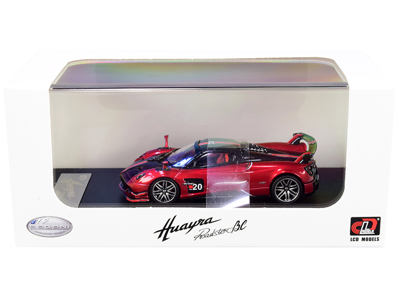 Pagani Huayra Roadster BC Red Metallic and Carbon with Red and White Stripes 1/64 Diecast Model Car by LCD Models Automotive