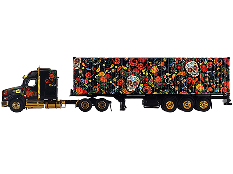 Western Star 49X with 40 Ft Container "Dia de los Muertos" (Day of the Dead) Black with Graphics 1/64 Diecast Model by Mini GT Automotive