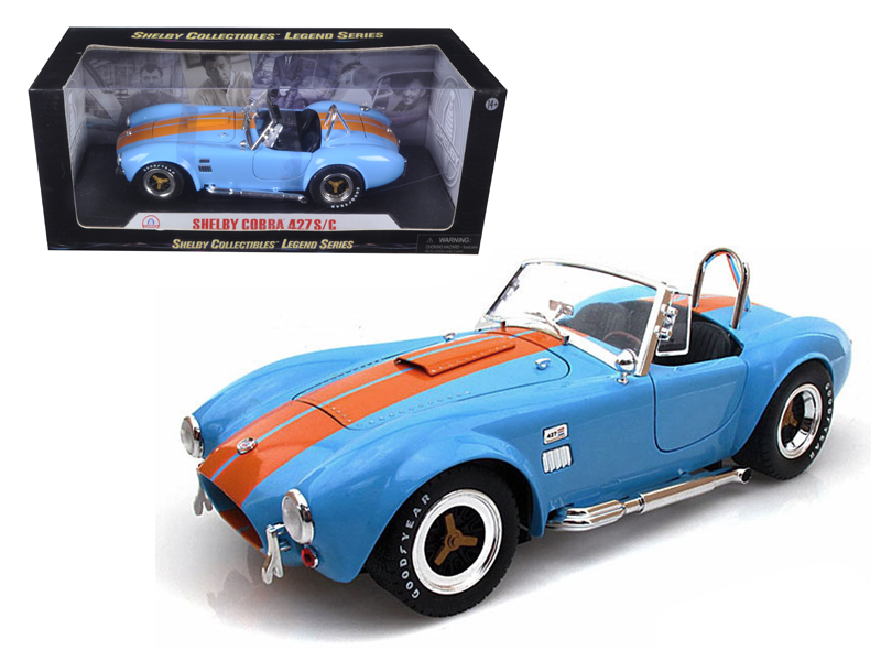 1965 Shelby Cobra 427 S/C Blue With Orange Stripes 1/18 Diecast Model Car by Shelby Collectibles Automotive