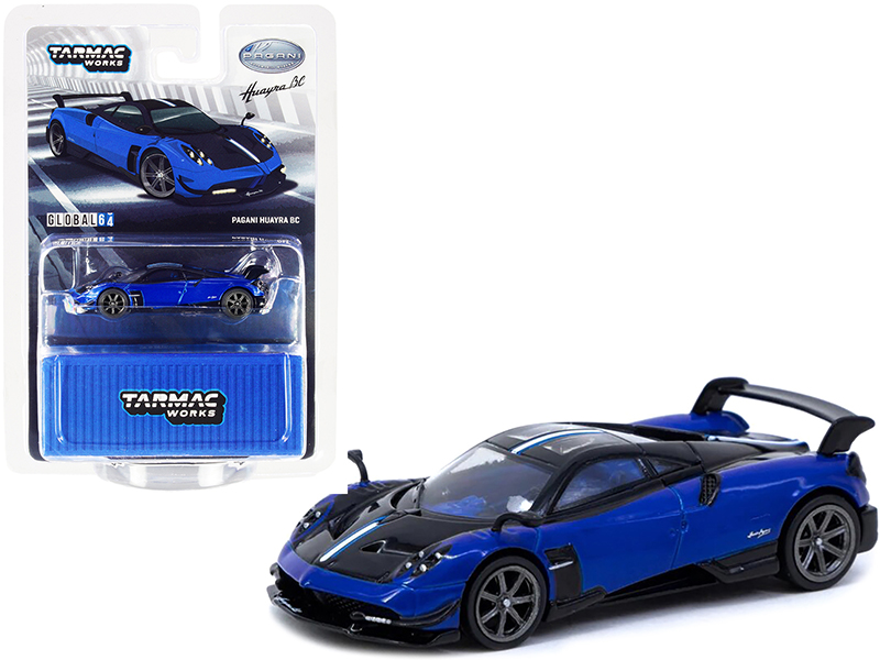Pagani Huayra BC Blue Francia Metallic and Black with Stripes and Blue Interior "Global64" Series 1/64 Diecast Model Car by Tarmac Works Automotive