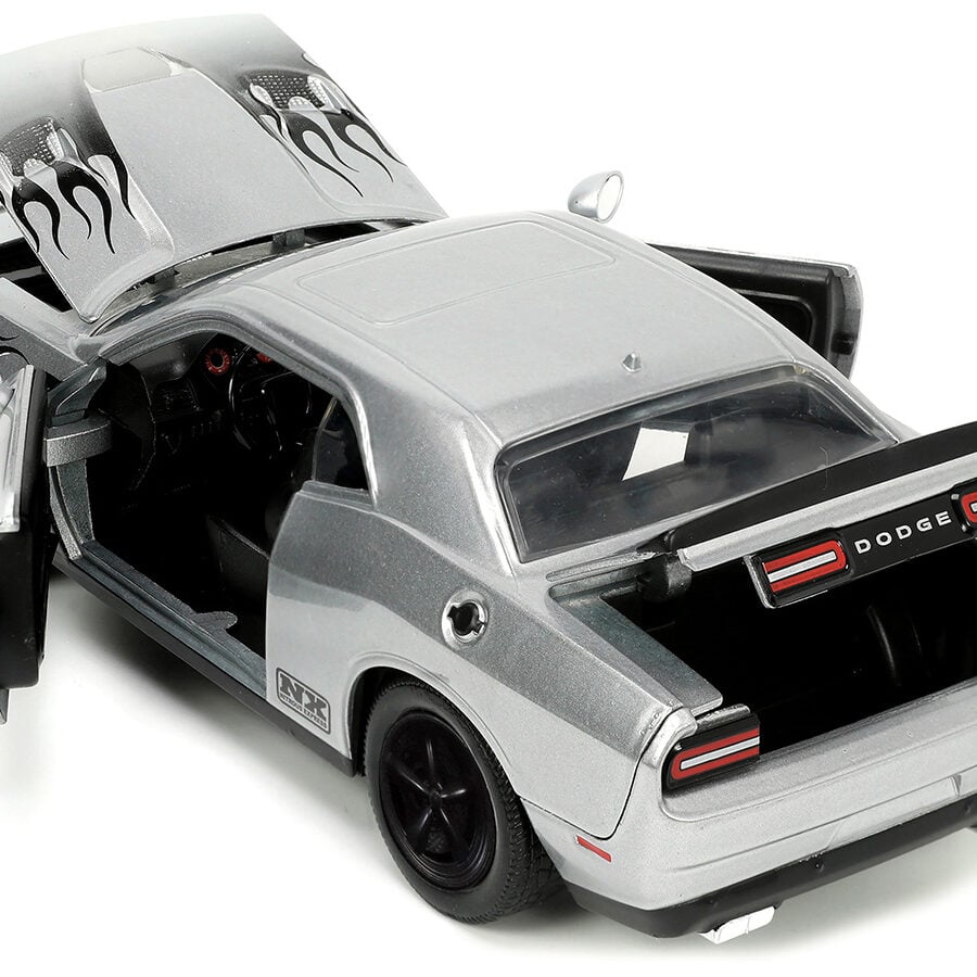 2015 Dodge Challenger SRT Hellcat Silver Metallic with Flames "Nitrous Express" "Bigtime Muscle" Series 1/24 Diecast Model Car by Jada Automotive